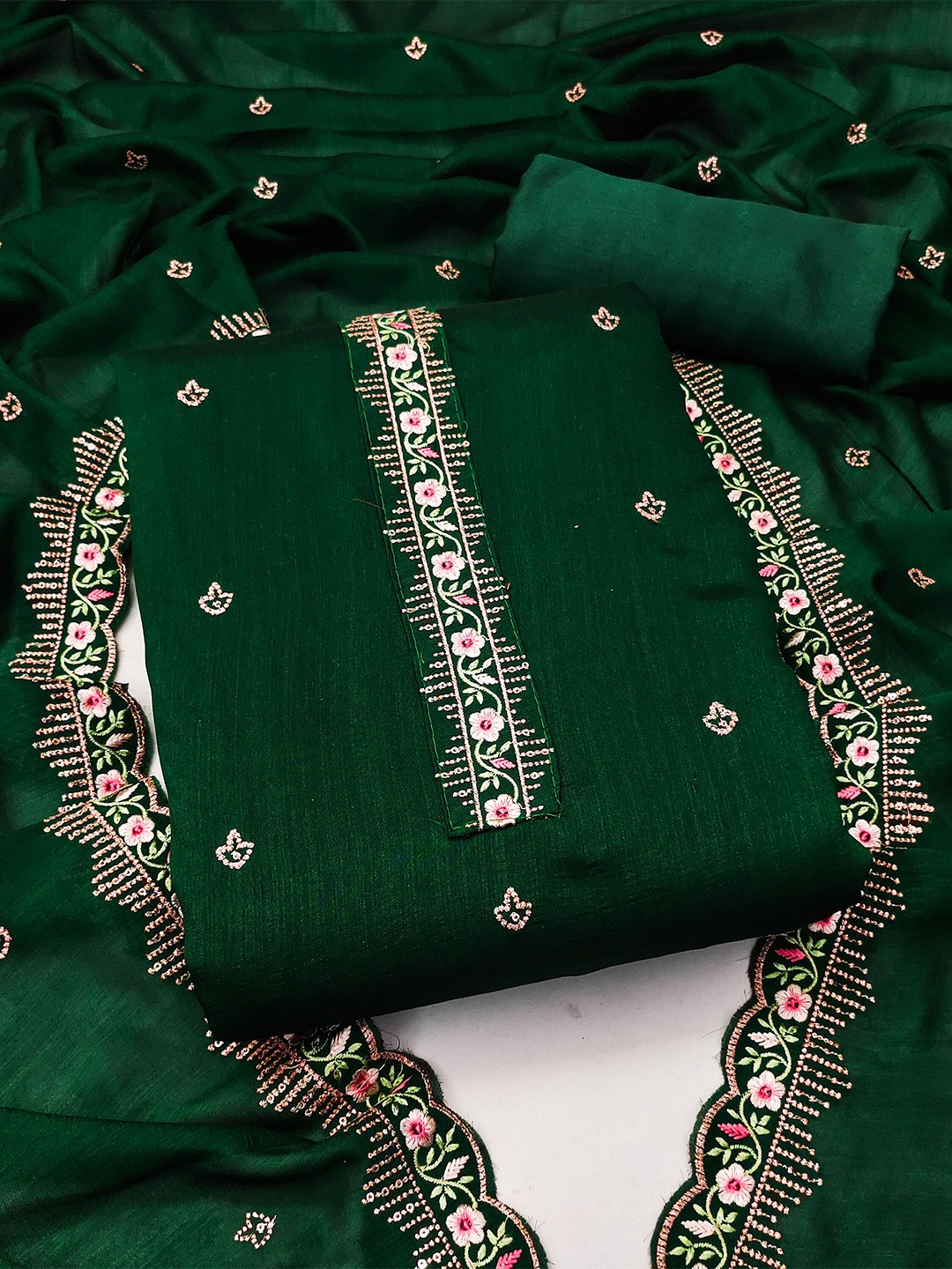 

KALINI Embroidered Zari Unstitched Dress Material, Green