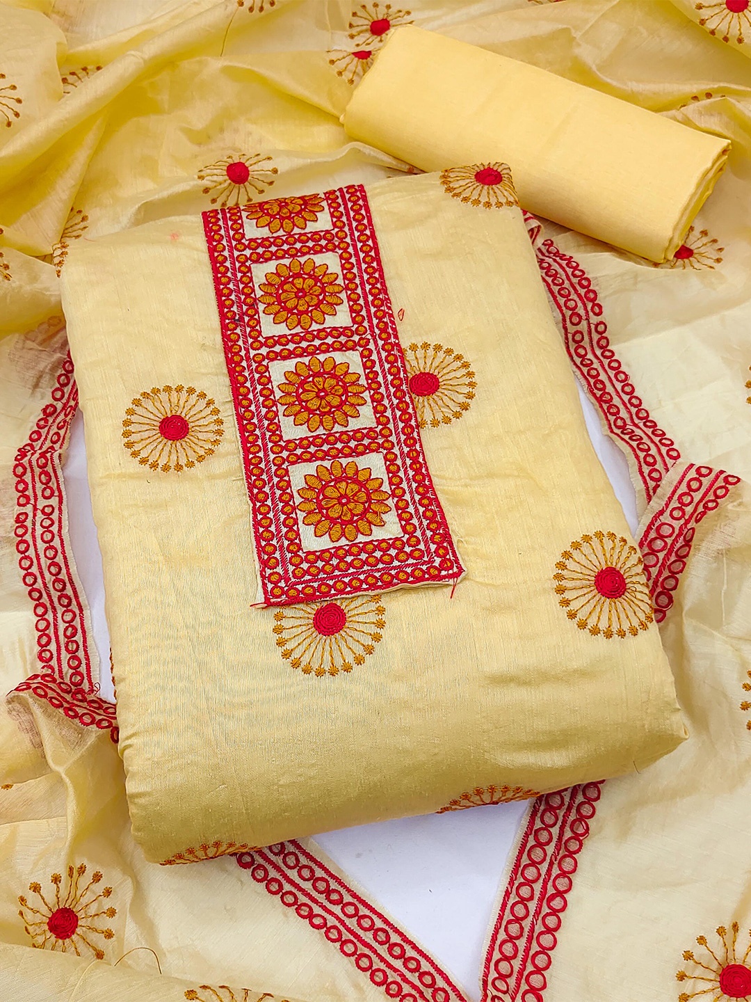 

KALINI Floral Embroidered Unstitched Dress Material, Yellow