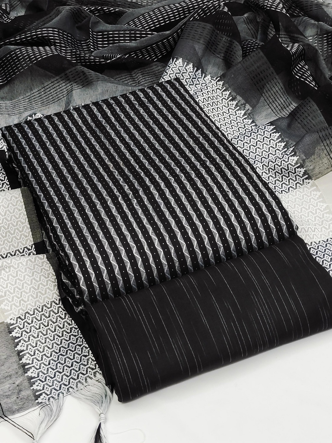 

KALINI Striped Unstitched Dress Material, Black