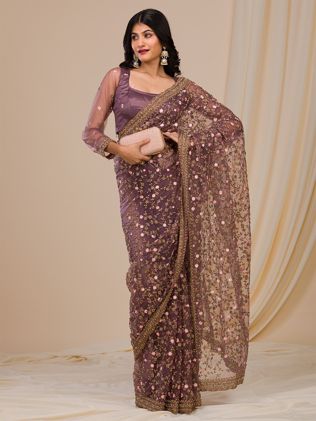 

Koskii Embellished Beads and Stones Net Saree, Lavender