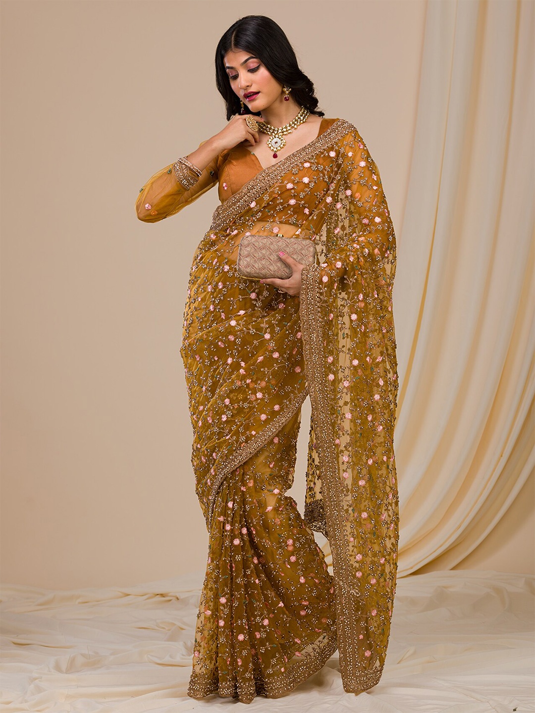 

Koskii Embellished Beads and Stones Net Saree, Mustard