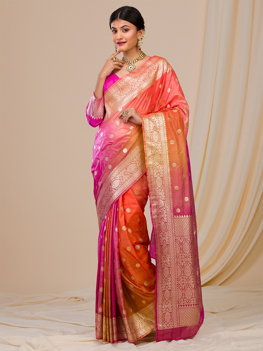 

Koskii Ethnic Motifs Woven Design Zari Detail Saree, Pink