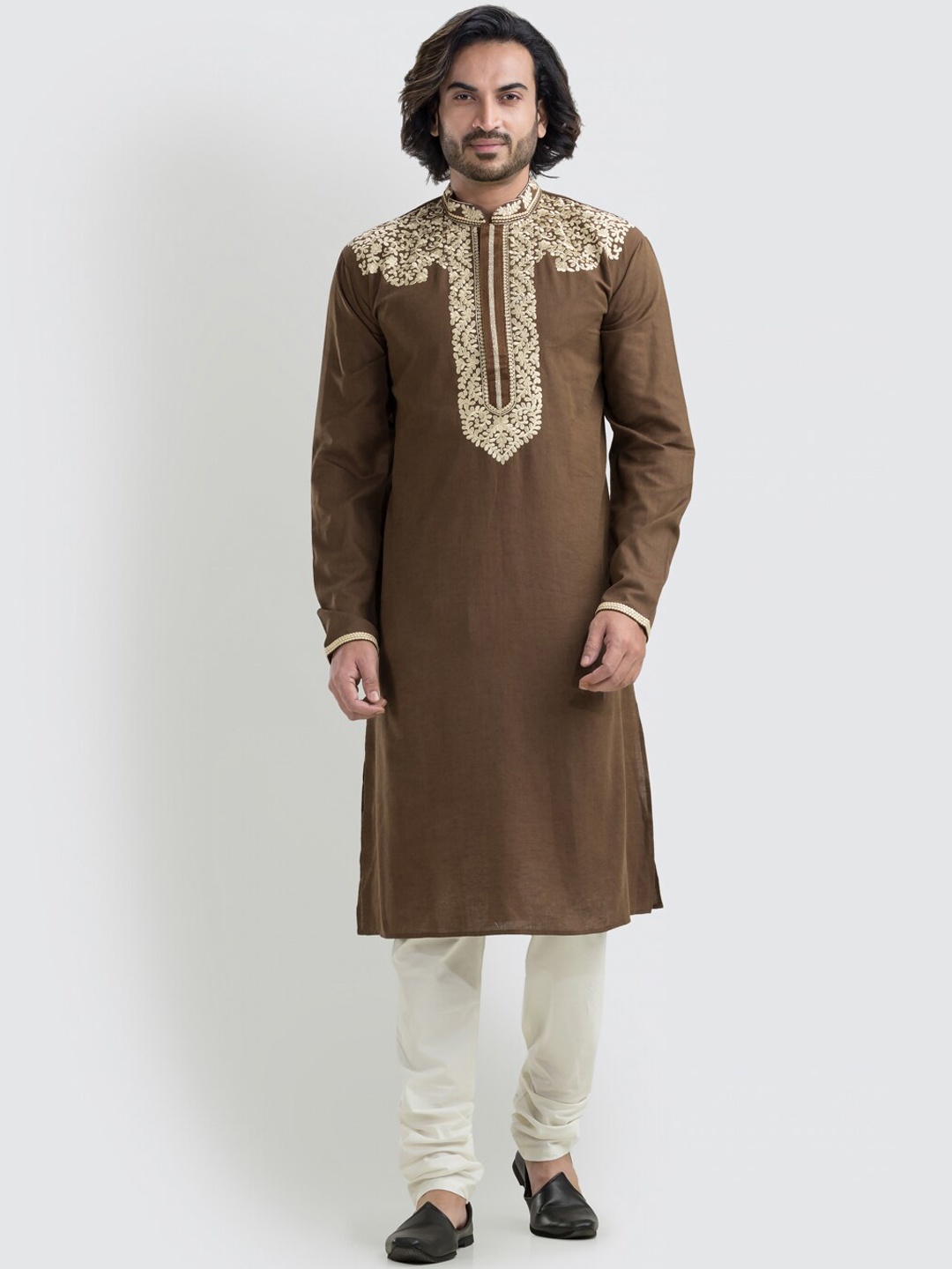 

SREEMANT Floral Yoke Design Regular Pure Cotton Kurta With Churidar, Brown