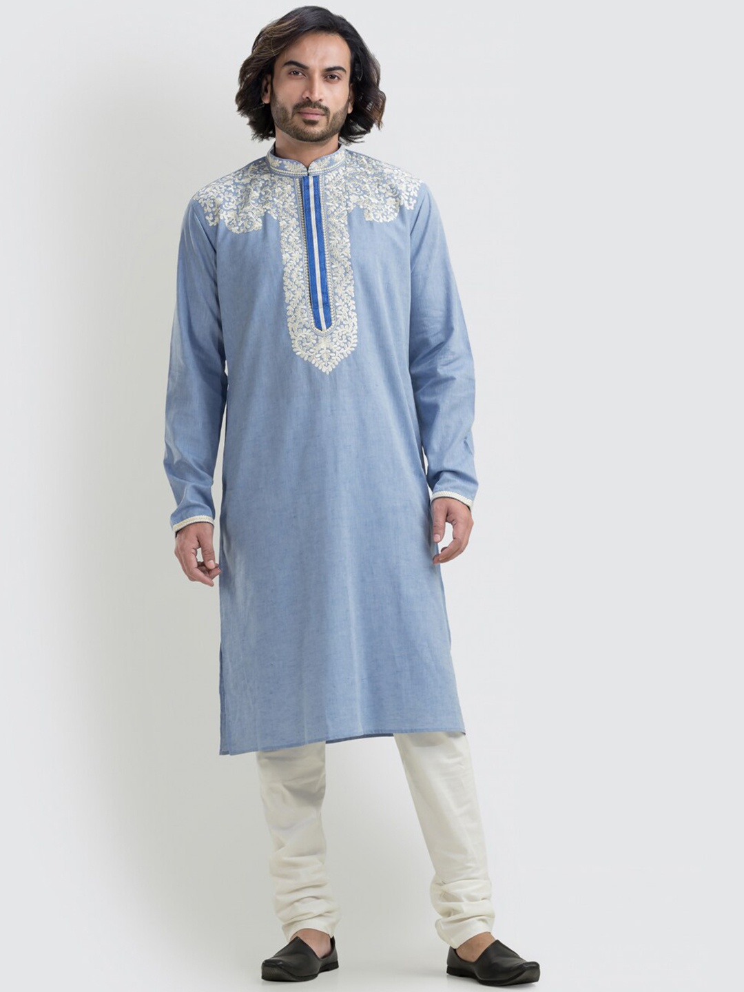 

SREEMANT Mandarin Collar Regular Thread Work Pure Cotton Kurta with Churidar, Blue