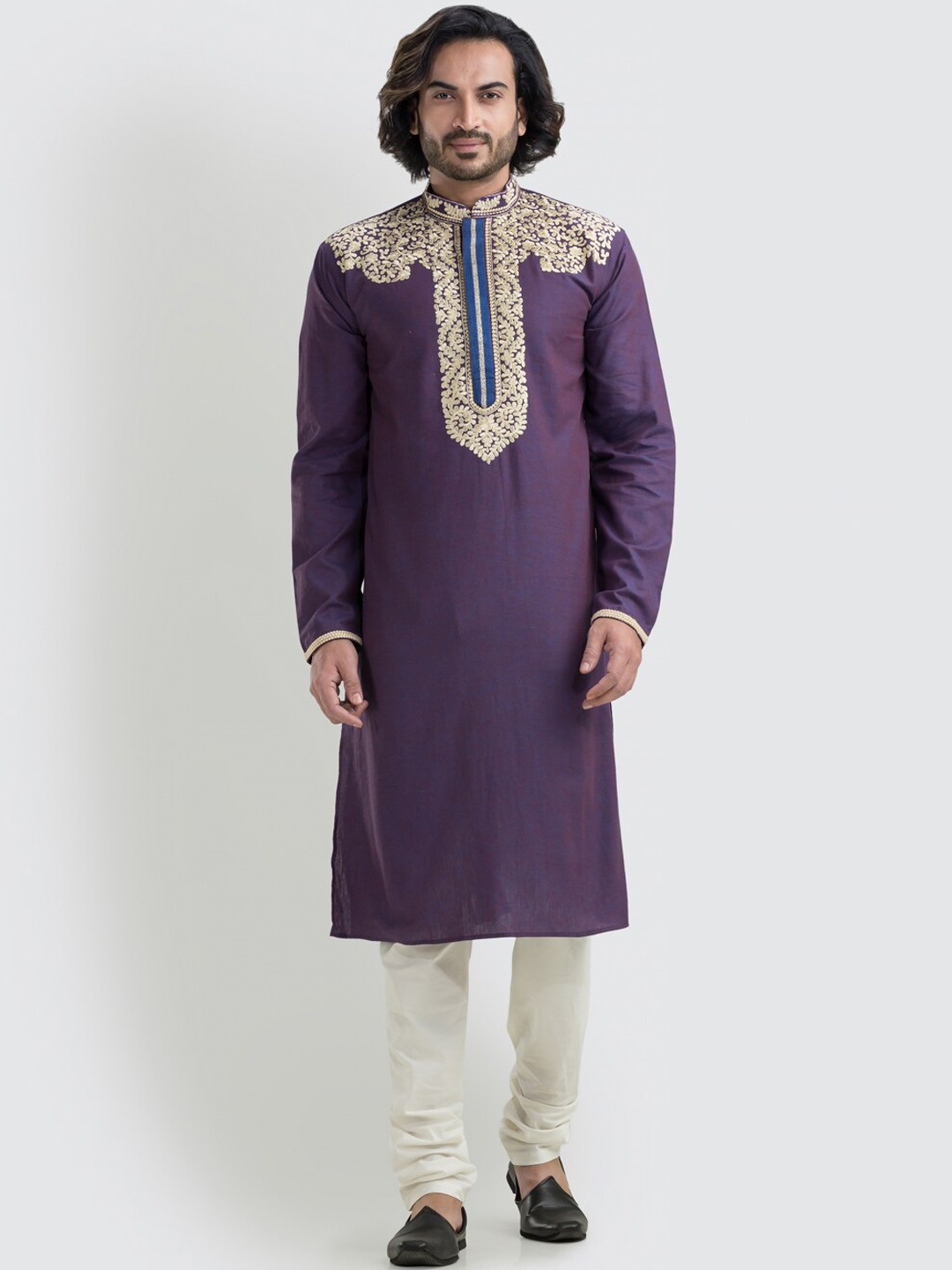 

SREEMANT Mandarin Collar Regular Thread Work Pure Cotton Kurta with Churidar, Violet