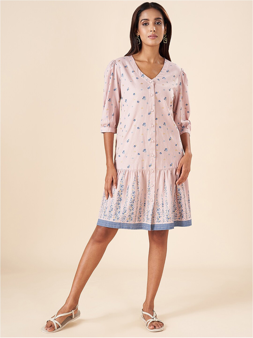 

AKKRITI BY PANTALOONS Floral Printed V-Neck Puff Sleeve A-Line Dress, Pink