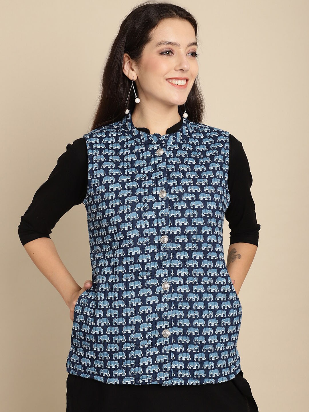 

KALINI Mandarin Collar Conversational Printed Lightweight Cotton Tailored Jacket, Navy blue