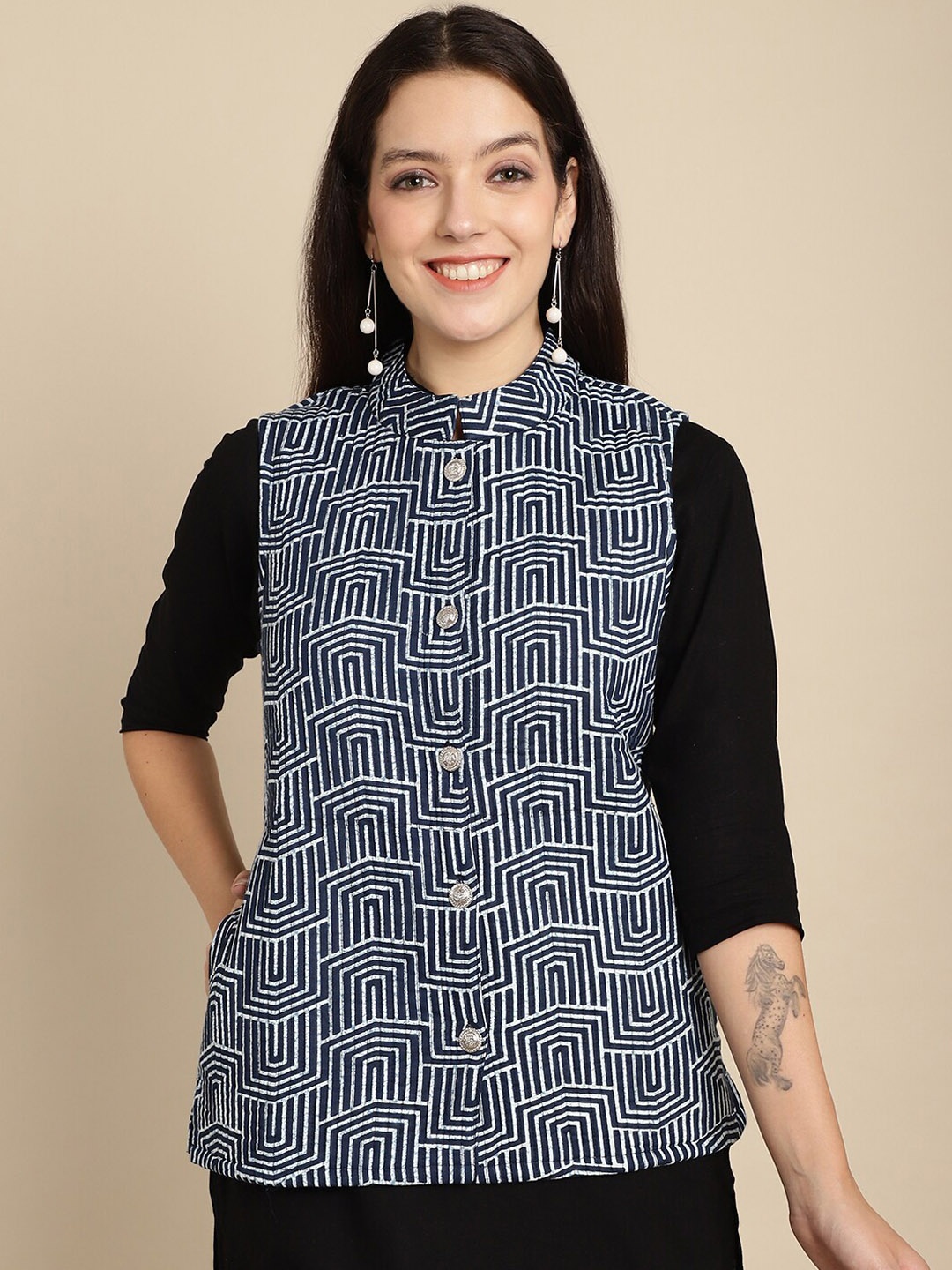 

KALINI Geometric Printed Lightweight Cotton Open Front Jacket, Navy blue