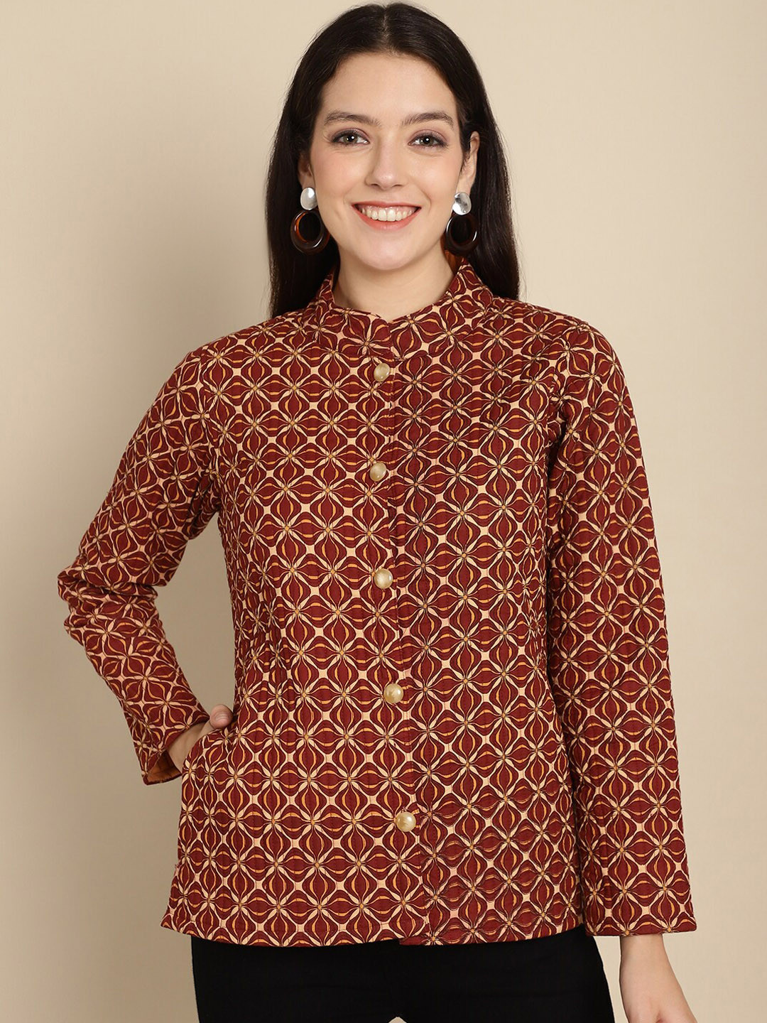 

KALINI Geometric Printed Mandarin Collar Lightweight Cotton Open Front Jacket, Coffee brown