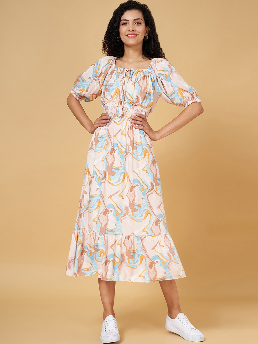 

Honey by Pantaloons Abstract Printed Square Neck Smocked A-line Midi Dress, Off white