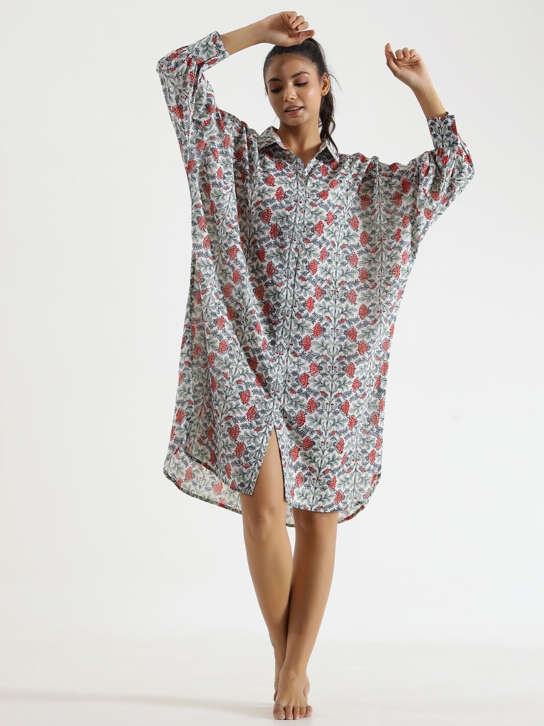 

SANSKRUTIHOMES Floral Printed Pure Cotton Shirt Nightdress, Off white