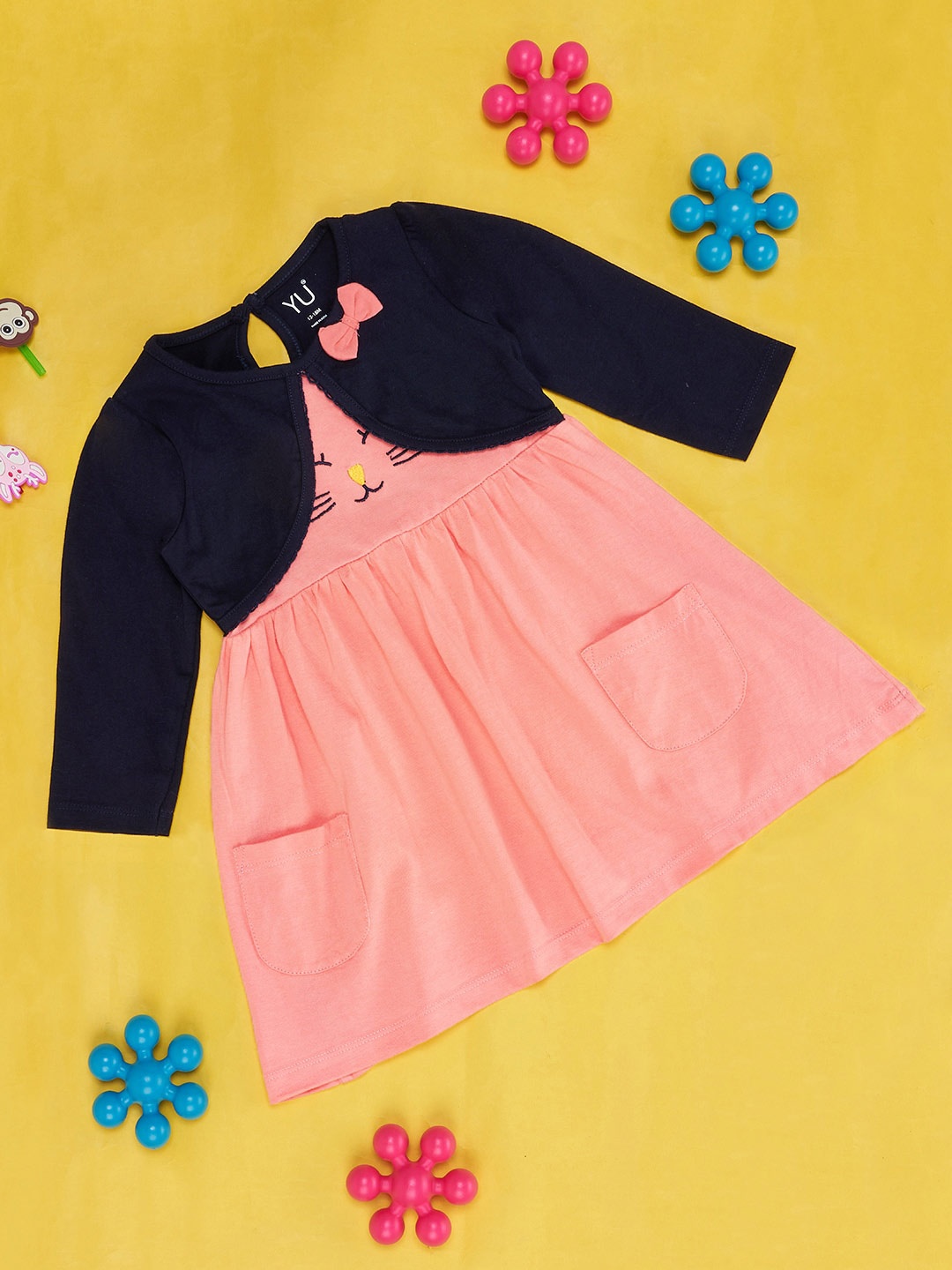 

YU by Pantaloons Infants Girls Colourblocked Embroidered Cotton Fit & Flare Dress, Navy blue