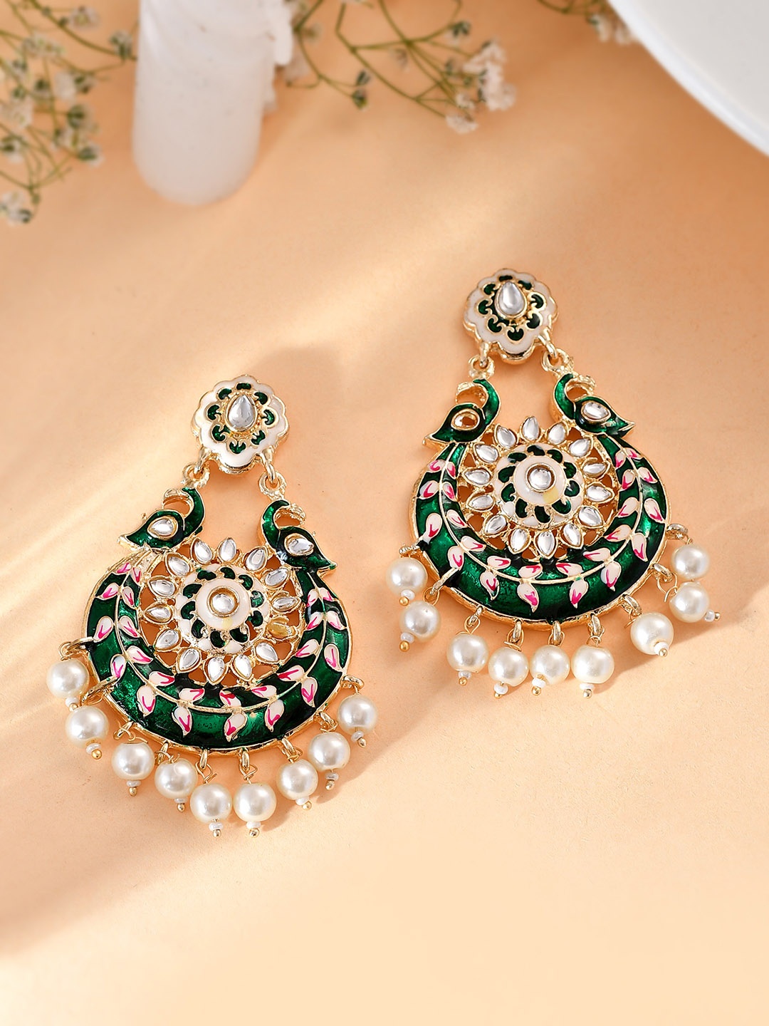 

AQUASTREET Gold-Plated Meenakari Peacock Designed Chandbali Earrings