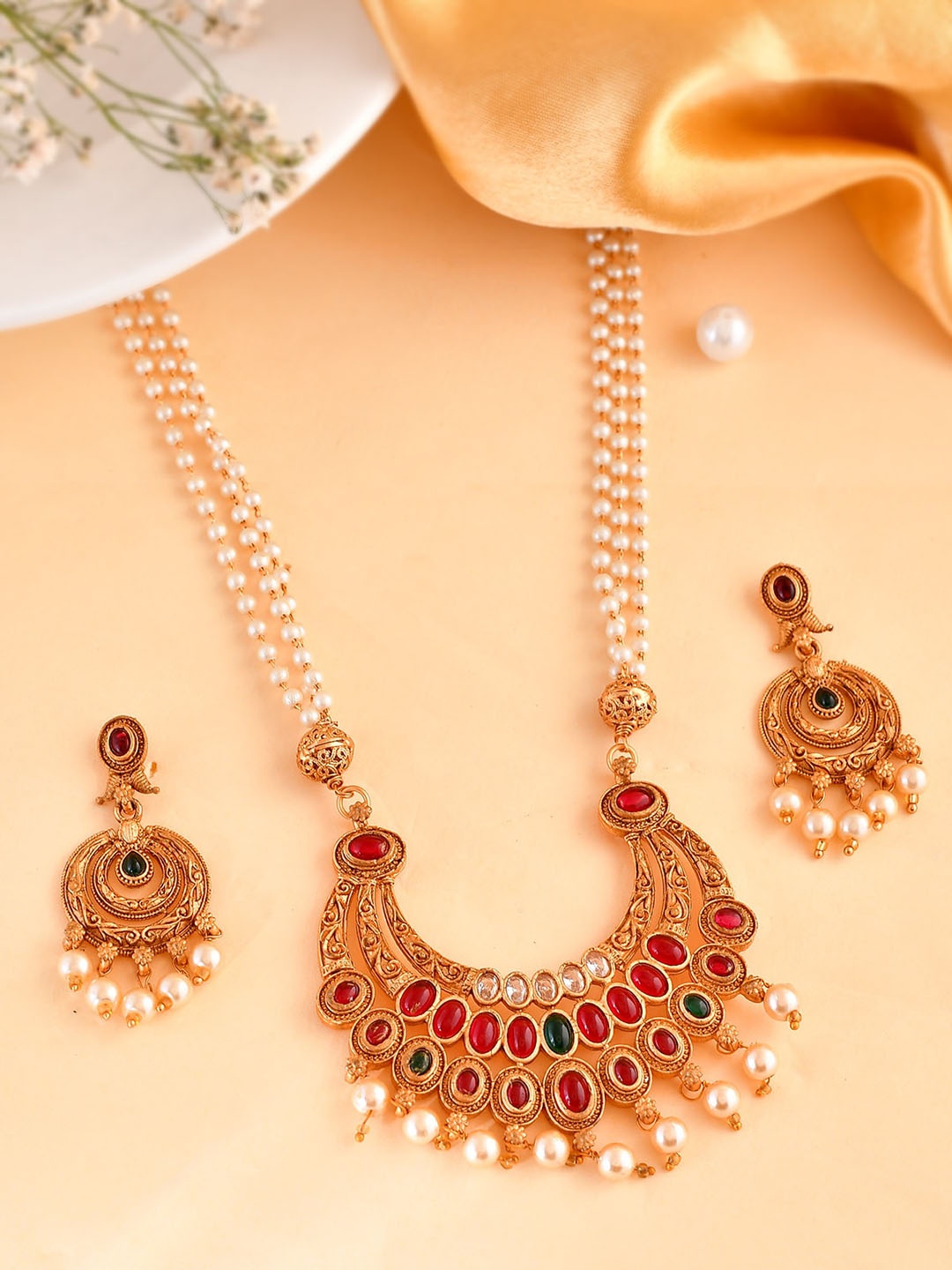 

AQUASTREET Gold-Plated Kemp Stone Studded Pearl Long Traditional Jewellery Set