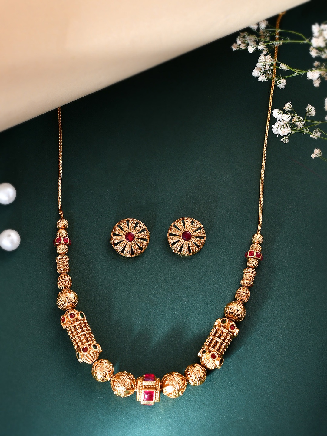 

AQUASTREET Gold-Plated Stone Beaded Ethnic Jewellery Set