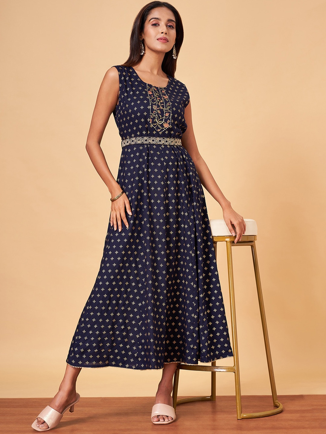 

YU by Pantaloons Ethnic Motifs Printed Fit & Flare Maxi Ethnic Dress, Navy blue