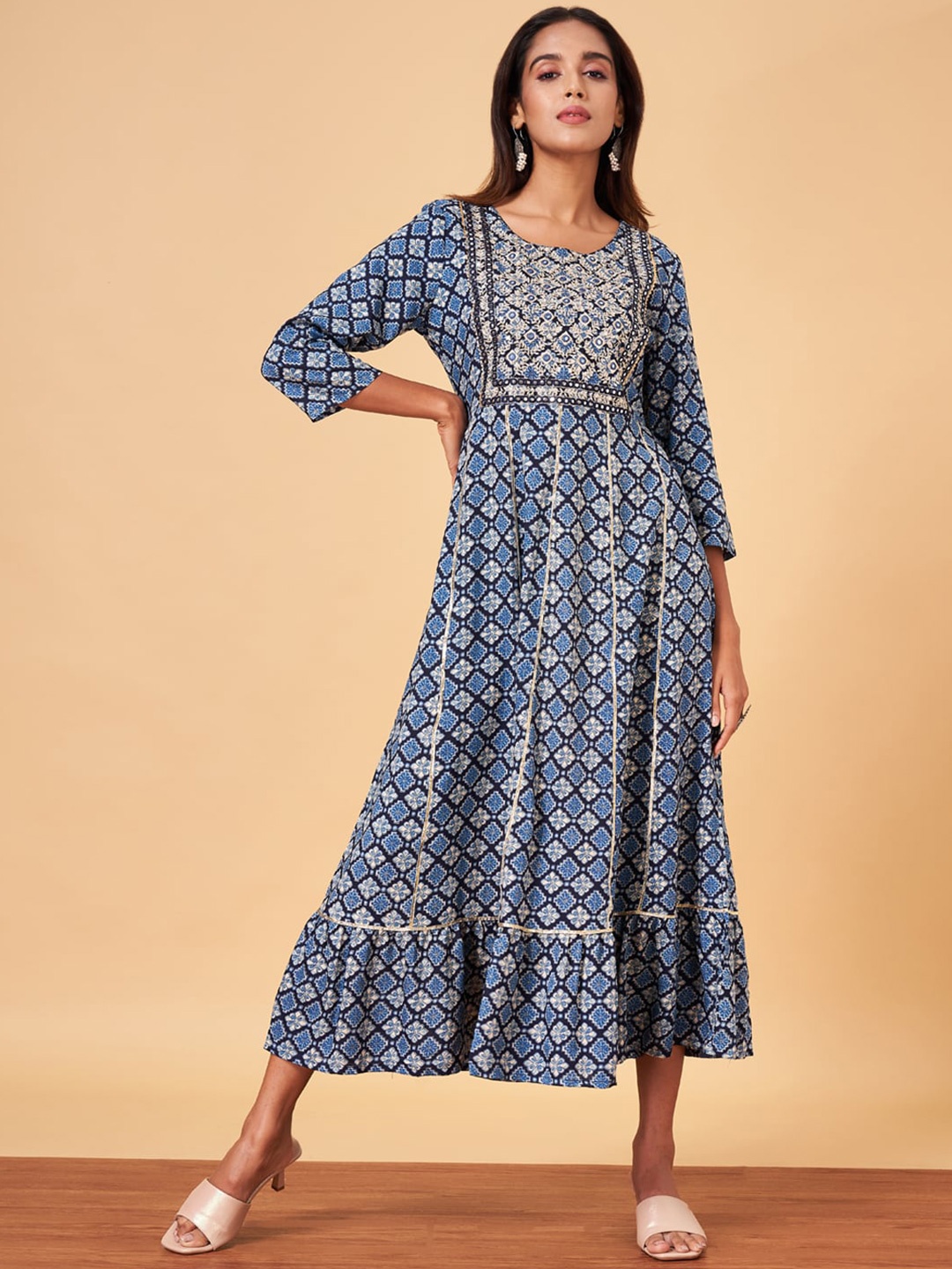 

YU by Pantaloons Ethnic Motifs Printed Embroidered Fit & Flare Maxi Ethnic Dress, Navy blue