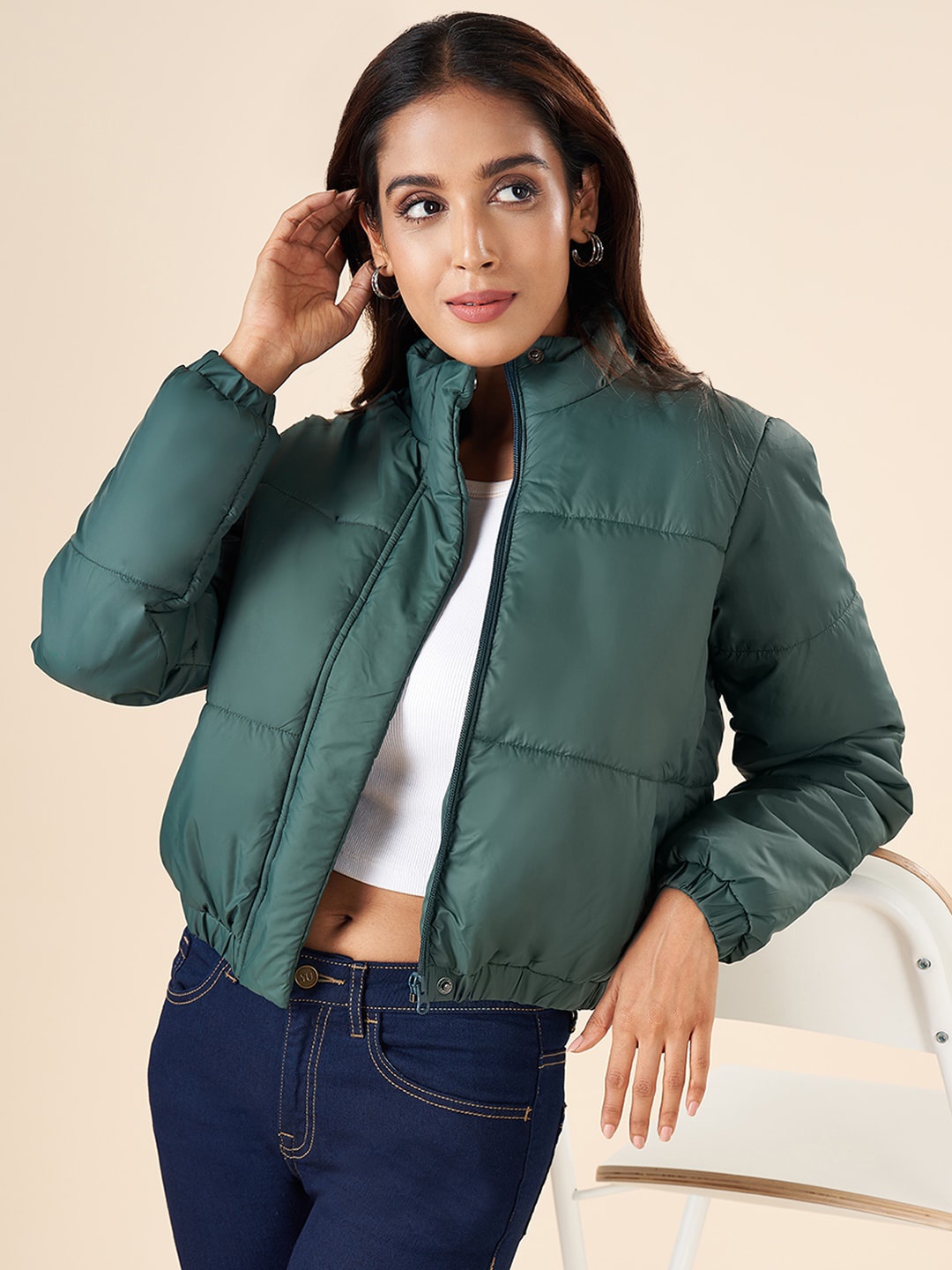 

YU by Pantaloons Stand Collar Crop Puffer Jacket, Green