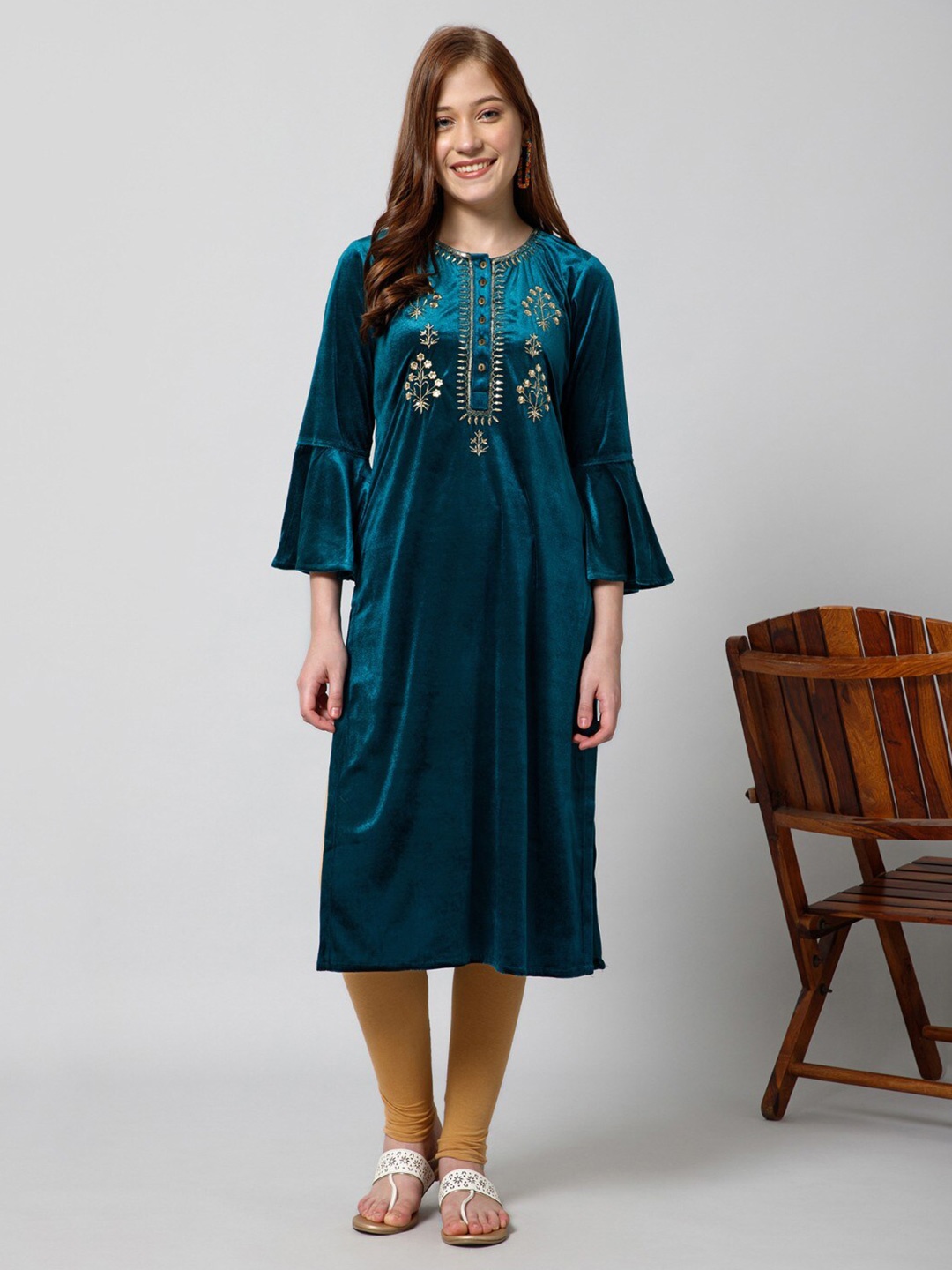 

House Of Zelena Ethnic Motifs Yoke Design Bell Sleeves Thread Work Velvet Kurta, Teal