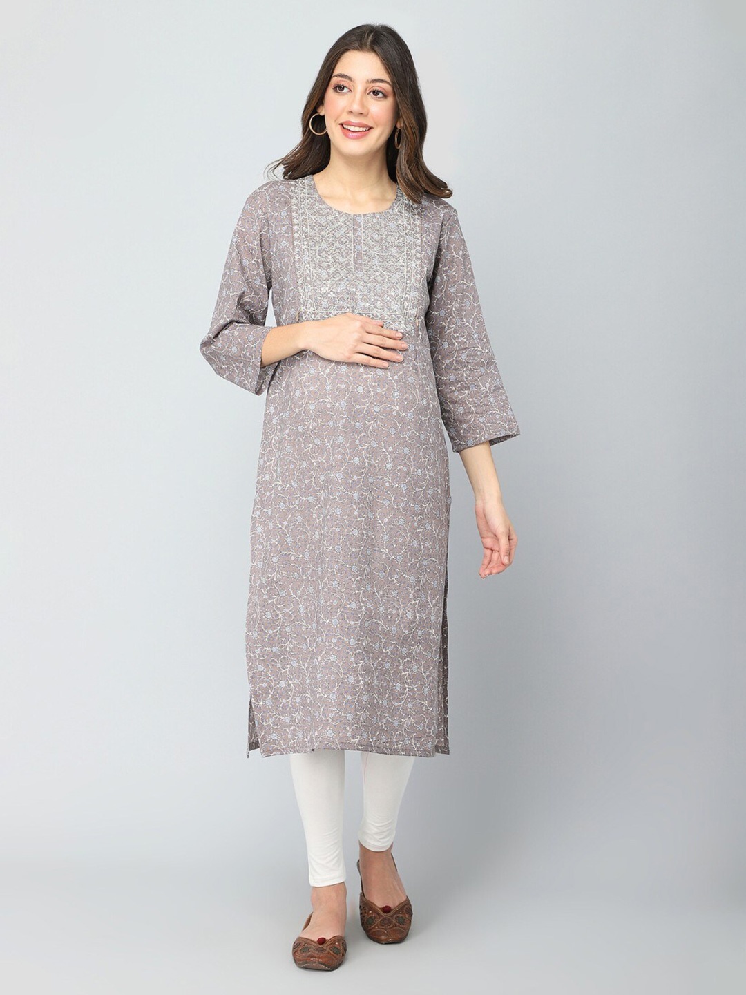 

House Of Zelena Floral Printed Cotton Maternity Straight Kurta, Grey