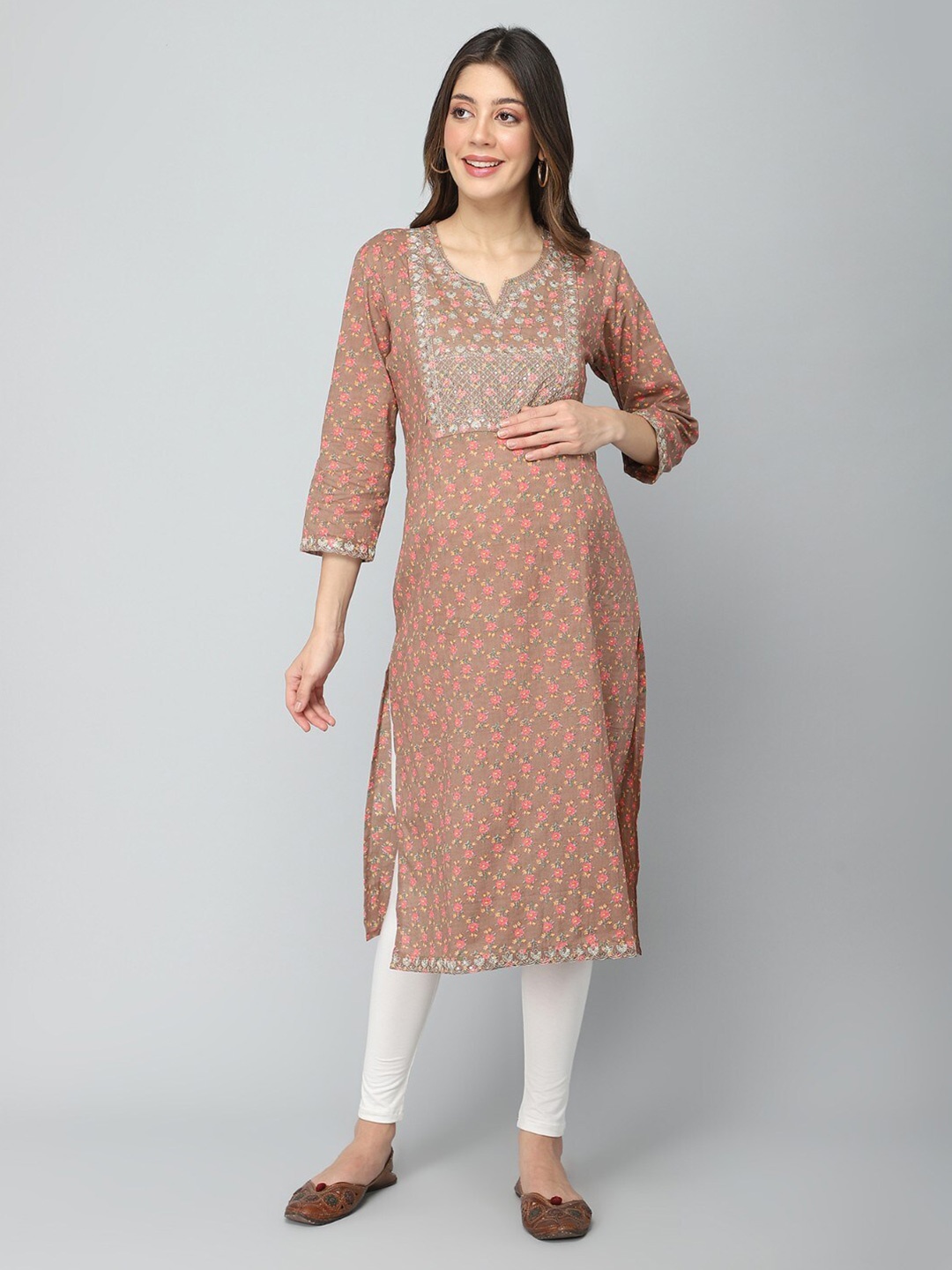 

House Of Zelena Floral Printed Sequinned Pure Cotton Maternity Kurta, Brown