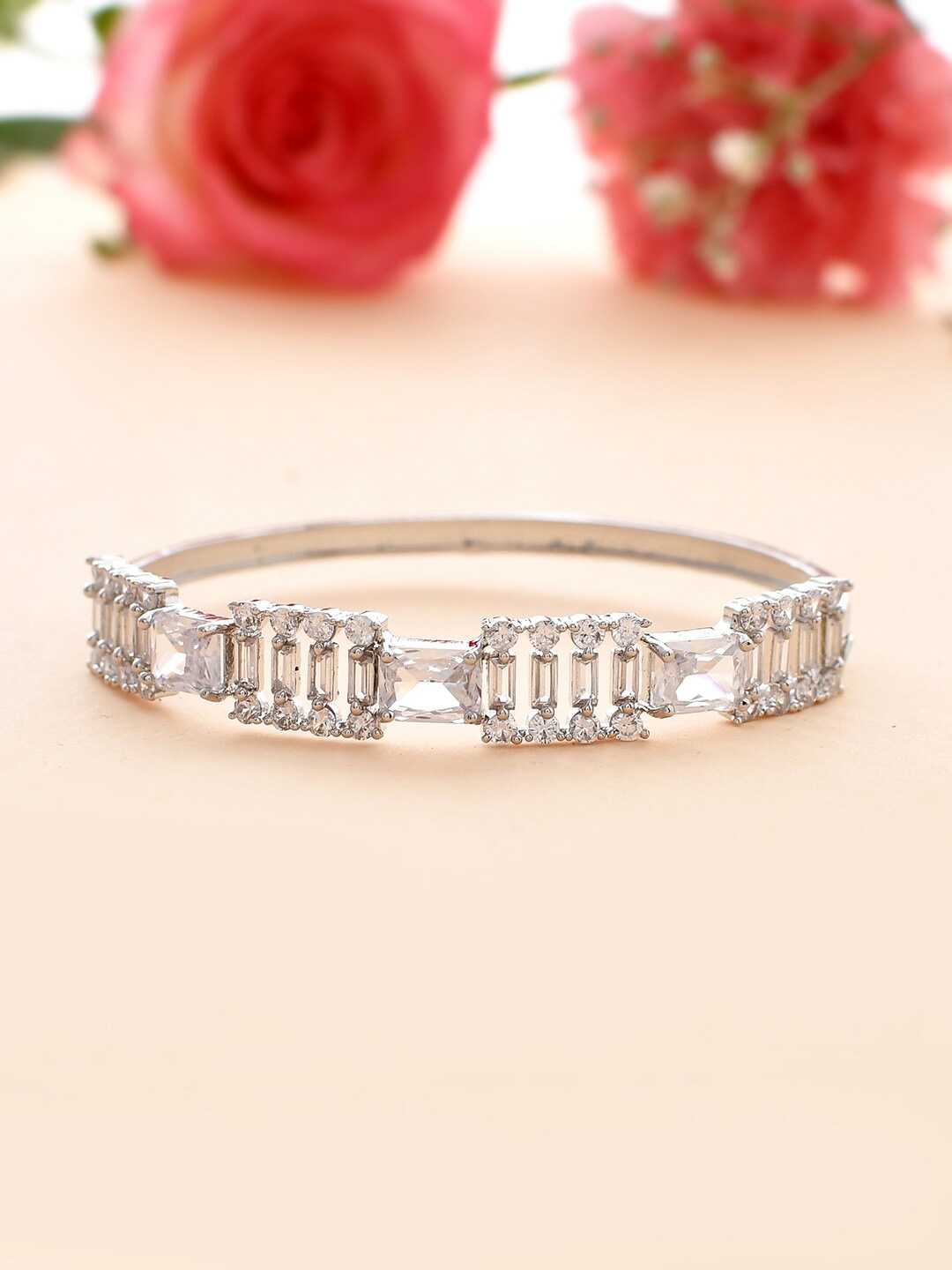 

Voylla Rhodium Plated Cubic Zirconia Studded Bangle Style Bracelet, Silver