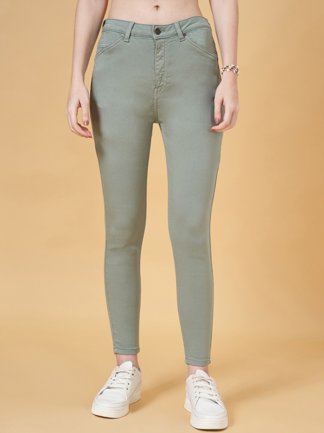 

People Women Skinny Fit Light Fade Cotton Jeans, Green