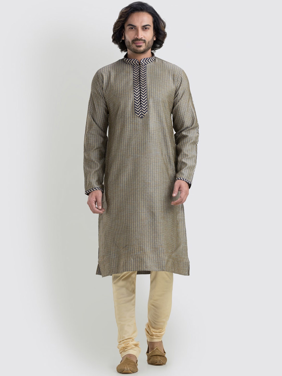 

SREEMANT Mandarin Collar Art Silk Brocade Kurta, Grey