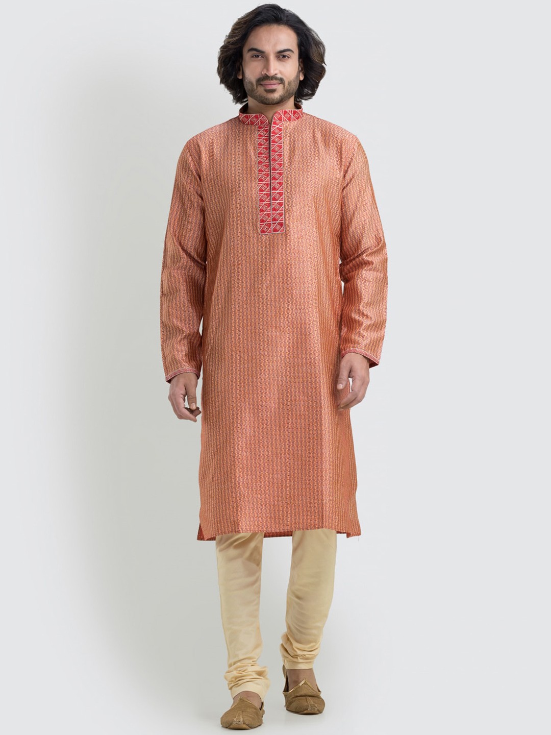 

SREEMANT Mnadarin Collar Embroidered Art Silk Brocade Kurta, Red