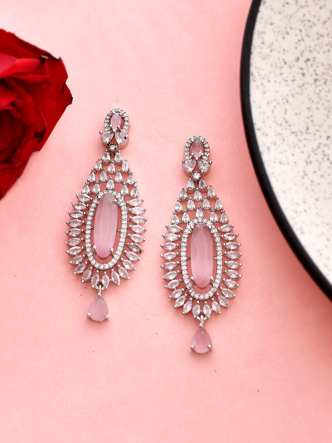 

Voylla Rhodium-Plated Cubic Zirconia Contemporary Drop Earrings, Silver