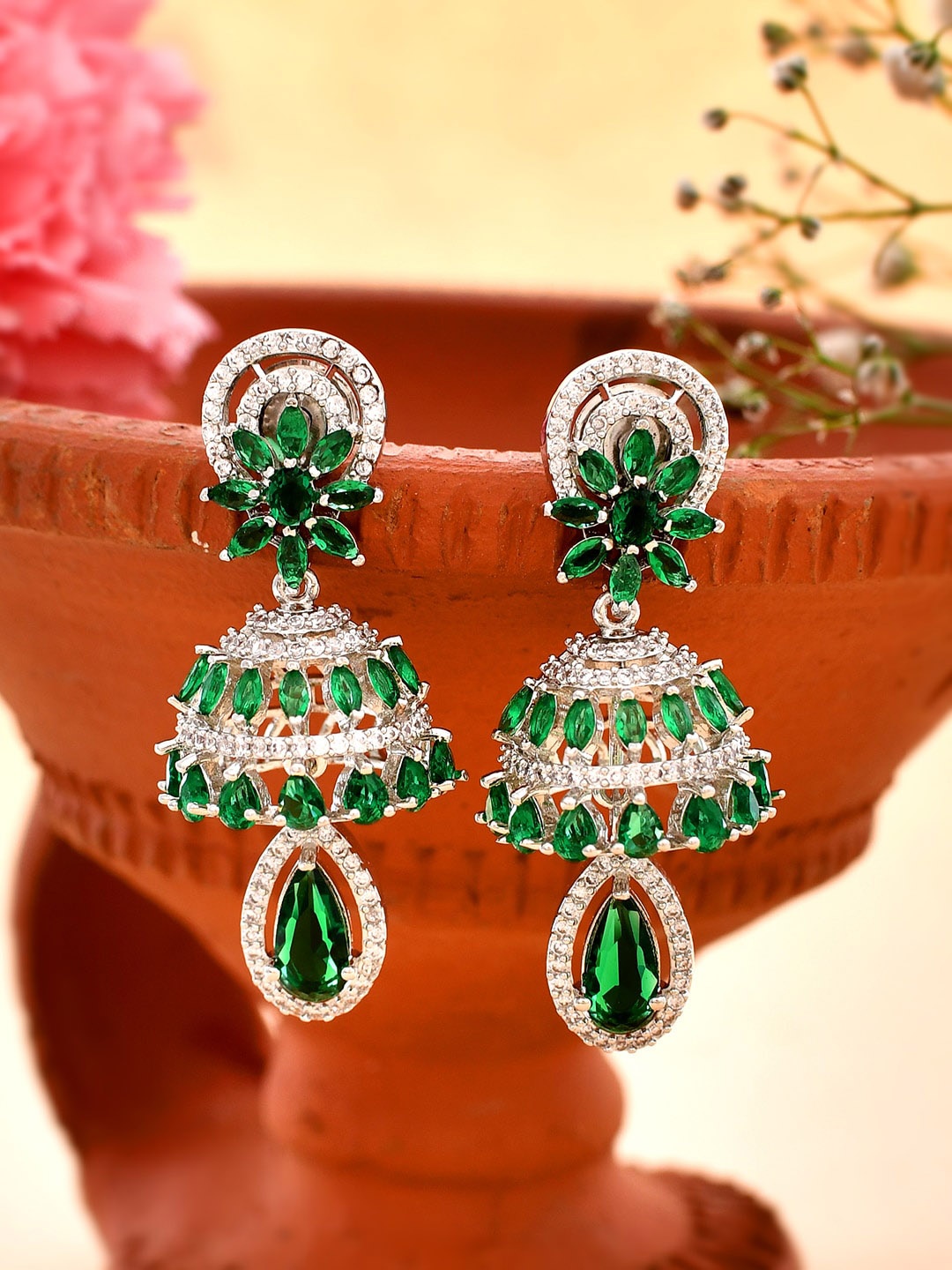 

Voylla Rhodium Plated Cubic Zirconia Stone Studded Jhumkas, Silver