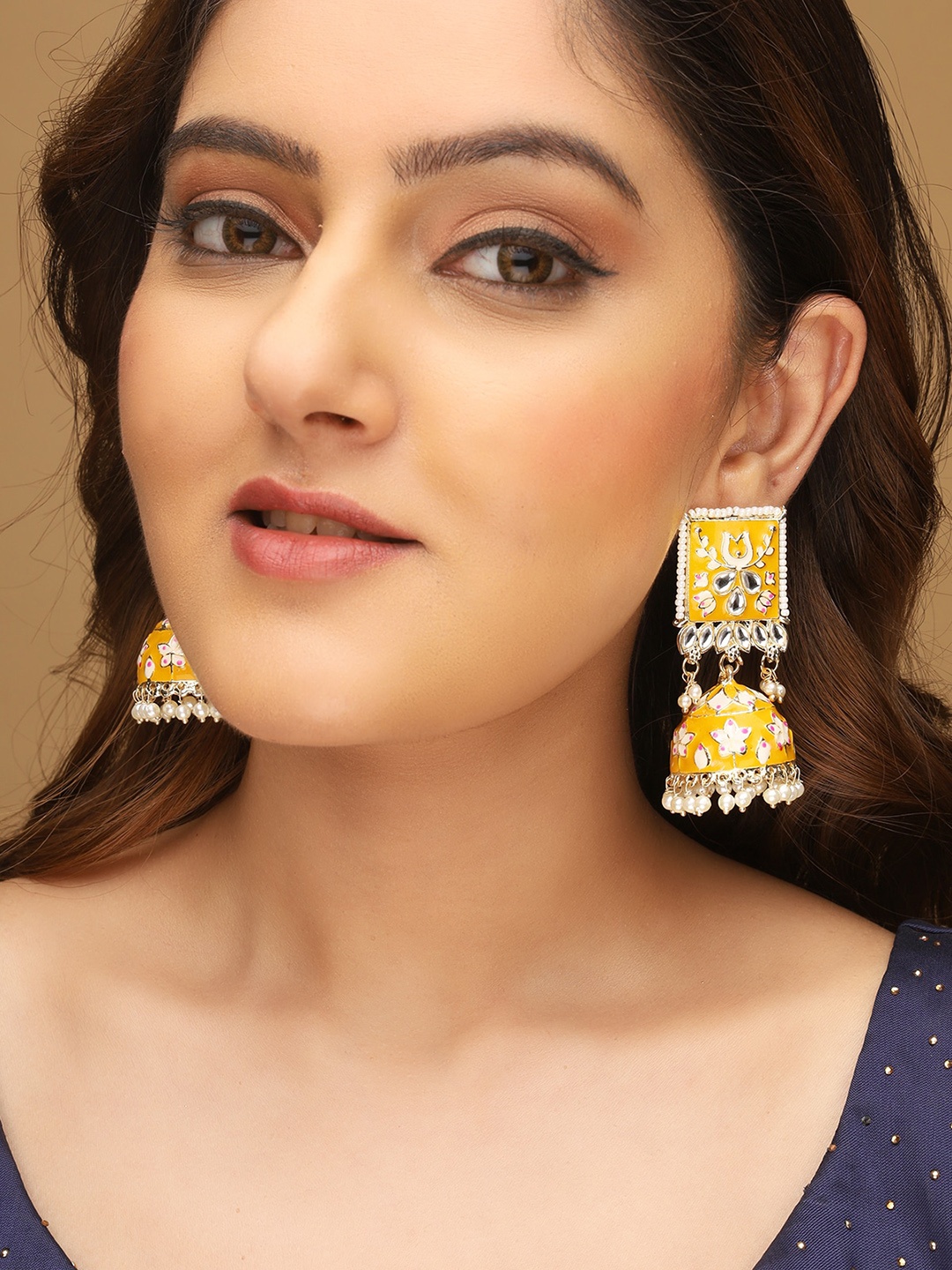 

AQUASTREET Gold Plated Meenakari Jhumkas Earrings