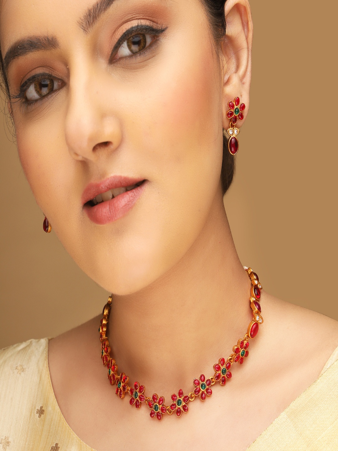 

AQUASTREET Gold-Plated Kemp Stones Floral Design Jewellery Set, Maroon