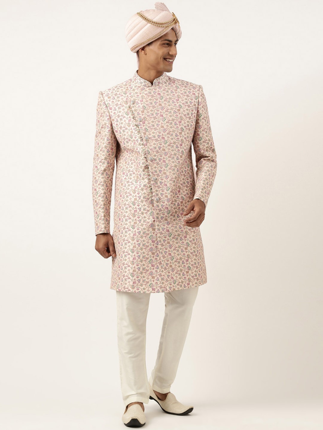 

TheEthnic.Co Men Floral Embroidered Angrakha Indo Sherwani Set, Peach