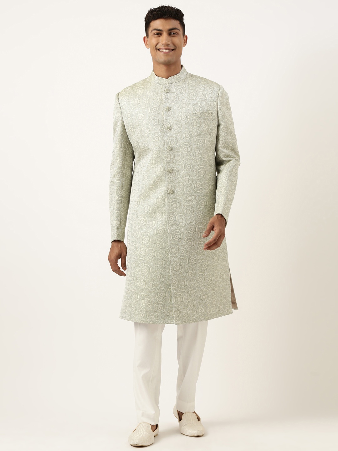 

TheEthnic.Co Men Self Design Jacquard Indowestern Sherwani, Green