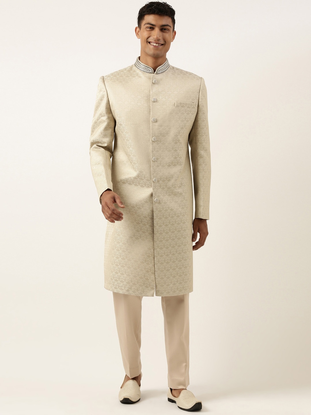 

TheEthnic.Co Men Jacquard Woven-Design Sherwani Trouser Set, Beige