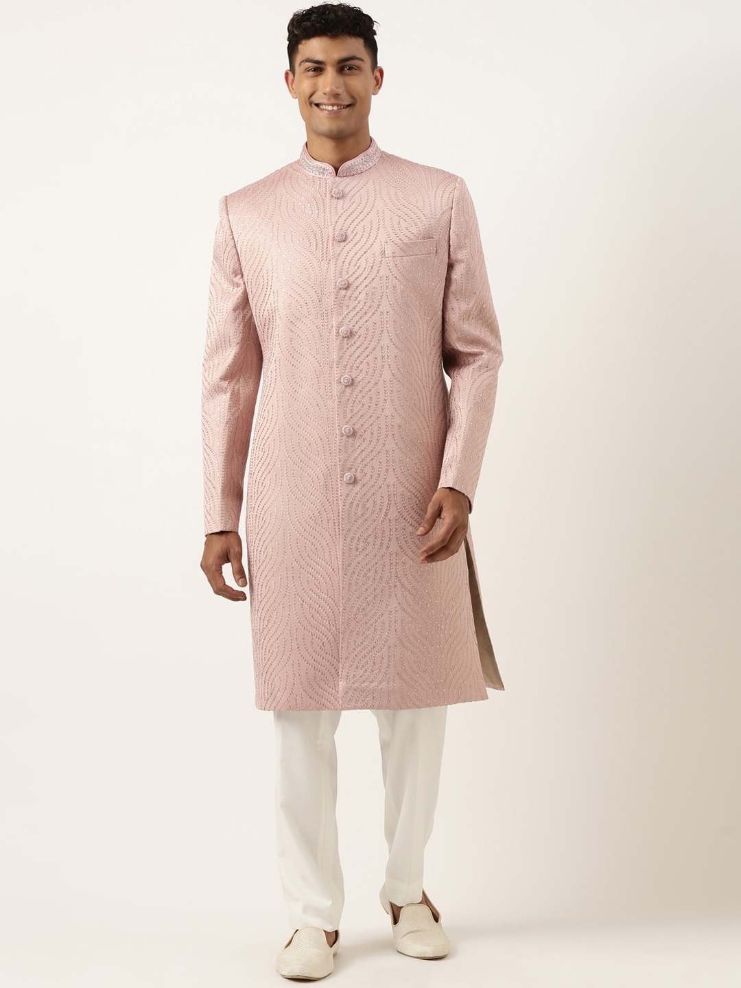 

TheEthnic.Co Men Embroidered Indowestern Sherwani Set, Pink