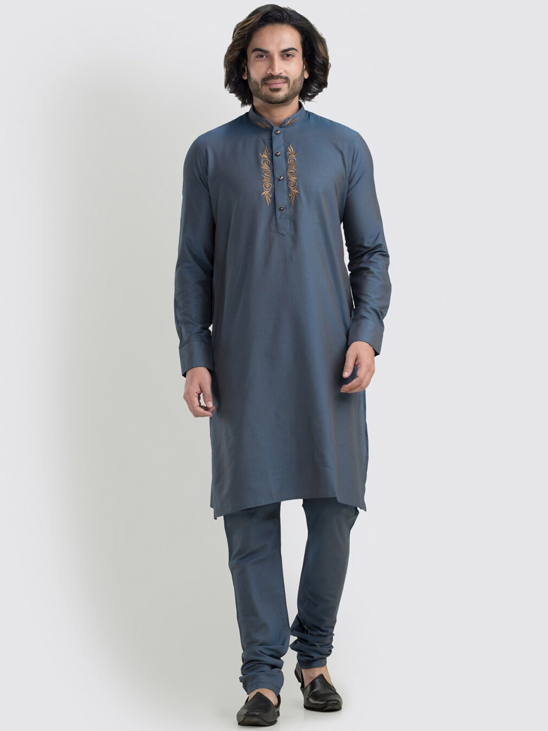 

SREEMANT Mandarin Collar Regular Thread Work Kurta With Pyjamas, Blue