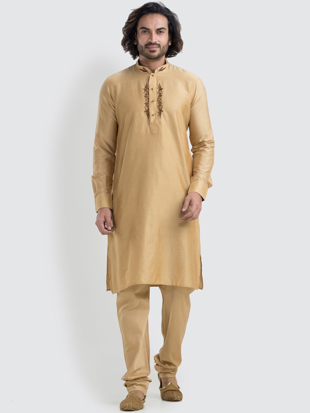 

SREEMANT Floral Yoke Design Regular Thread Work Kurta with Churidar, Beige