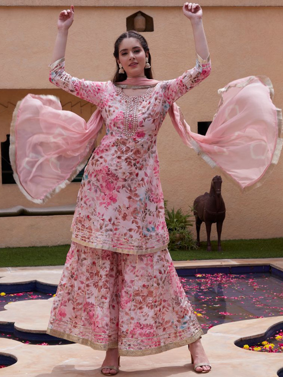 

Sangria Pink Floral Printed Straight Kurta With Sharara & Dupatta