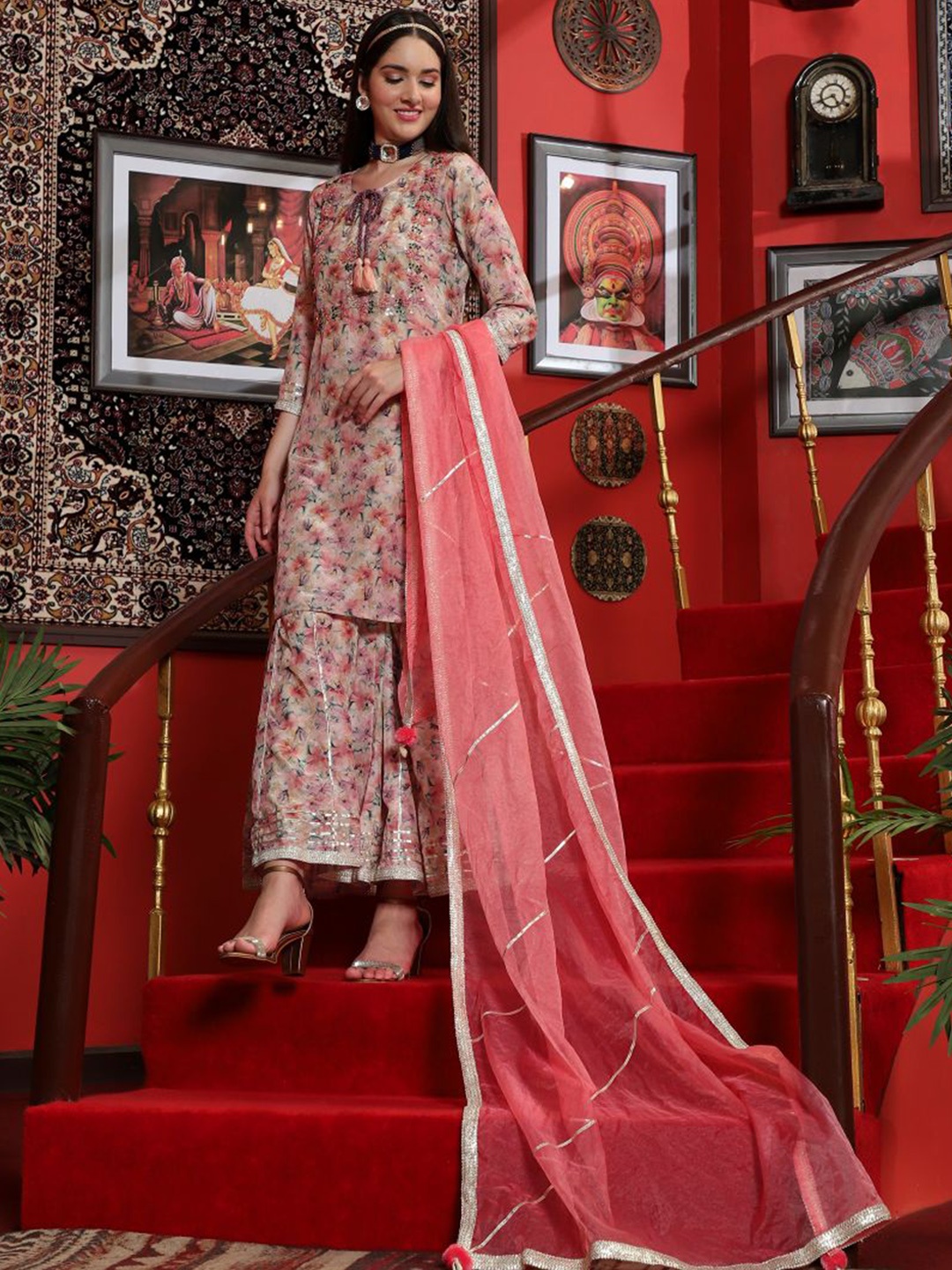 

Sangria Floral Printed Straight Kurta With Sharara & Dupatta, Pink