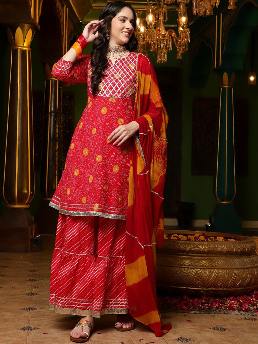 

Sangria Bandhani Printed Straight Kurta With Sharara & Dupatta, Red