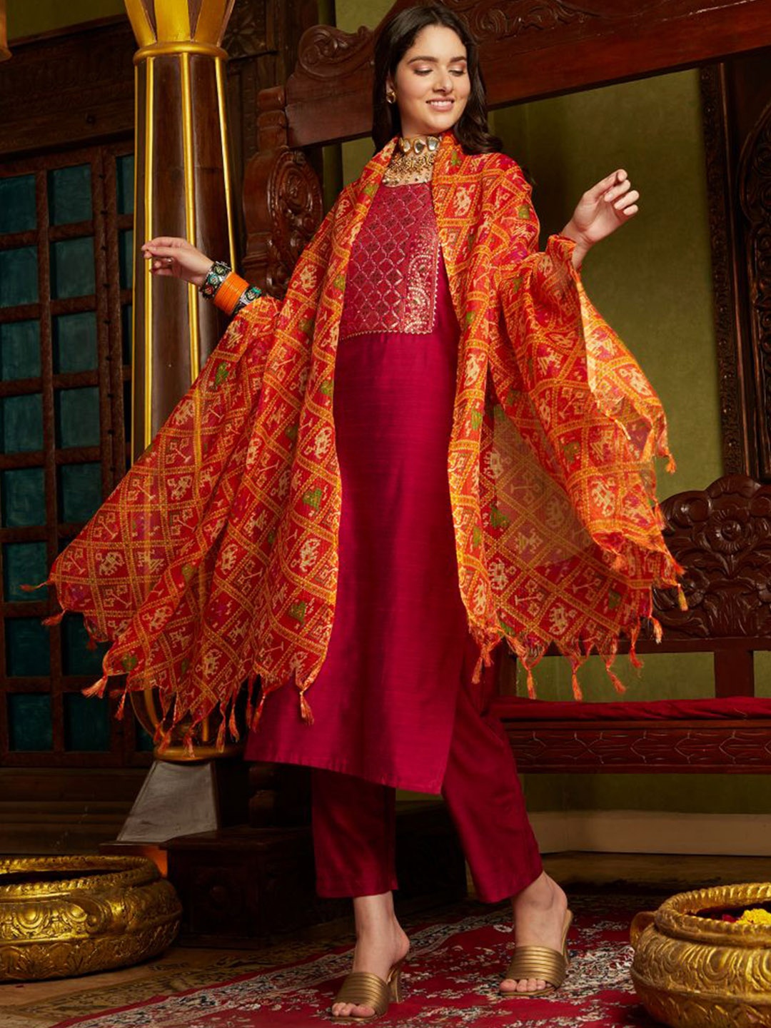 

Sangria Yoke Embroidered Kurta With Trousers & With Dupatta, Magenta