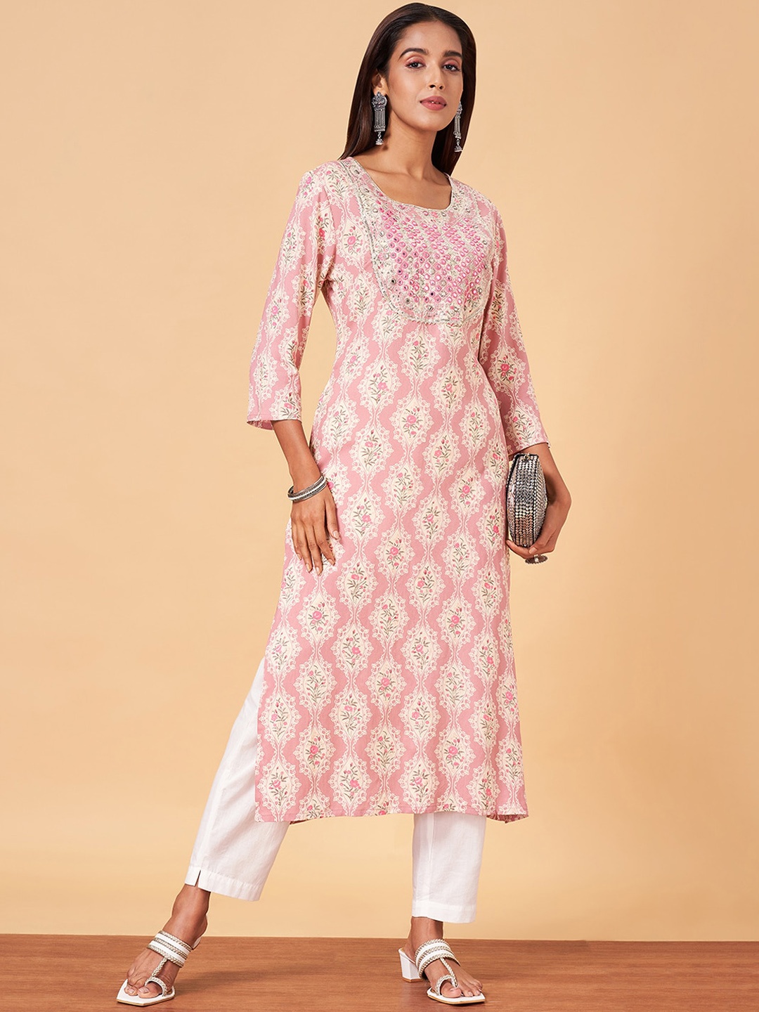 

YU by Pantaloons Ethnic Motifs Printed Mirror Work Straight Kurta, Pink