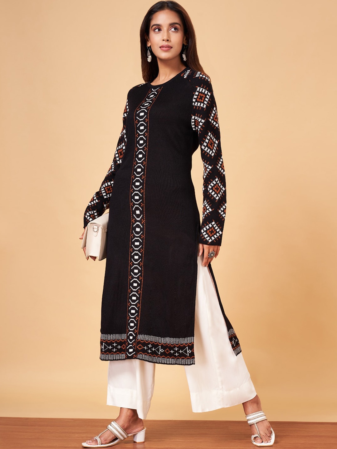 

YU by Pantaloons Geometric Woven Design Thread Work Acrylic Straight Kurta, Black