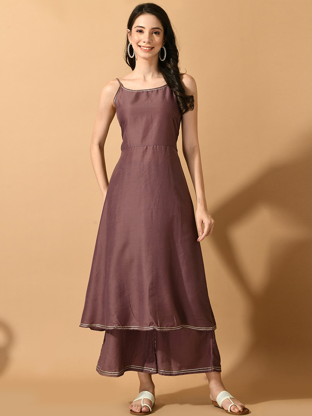 

Myshka Shoulder Straps A-Line Kurta With Palazzos, Mauve