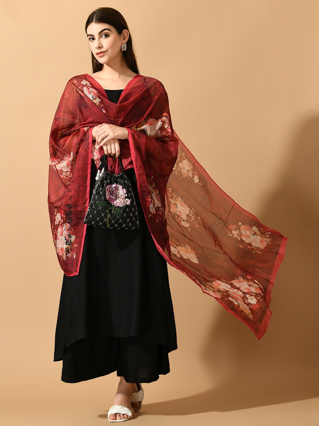 

Myshka Shoulder Straps A-Line Kurta With Palazzos & Printed Dupatta, Black
