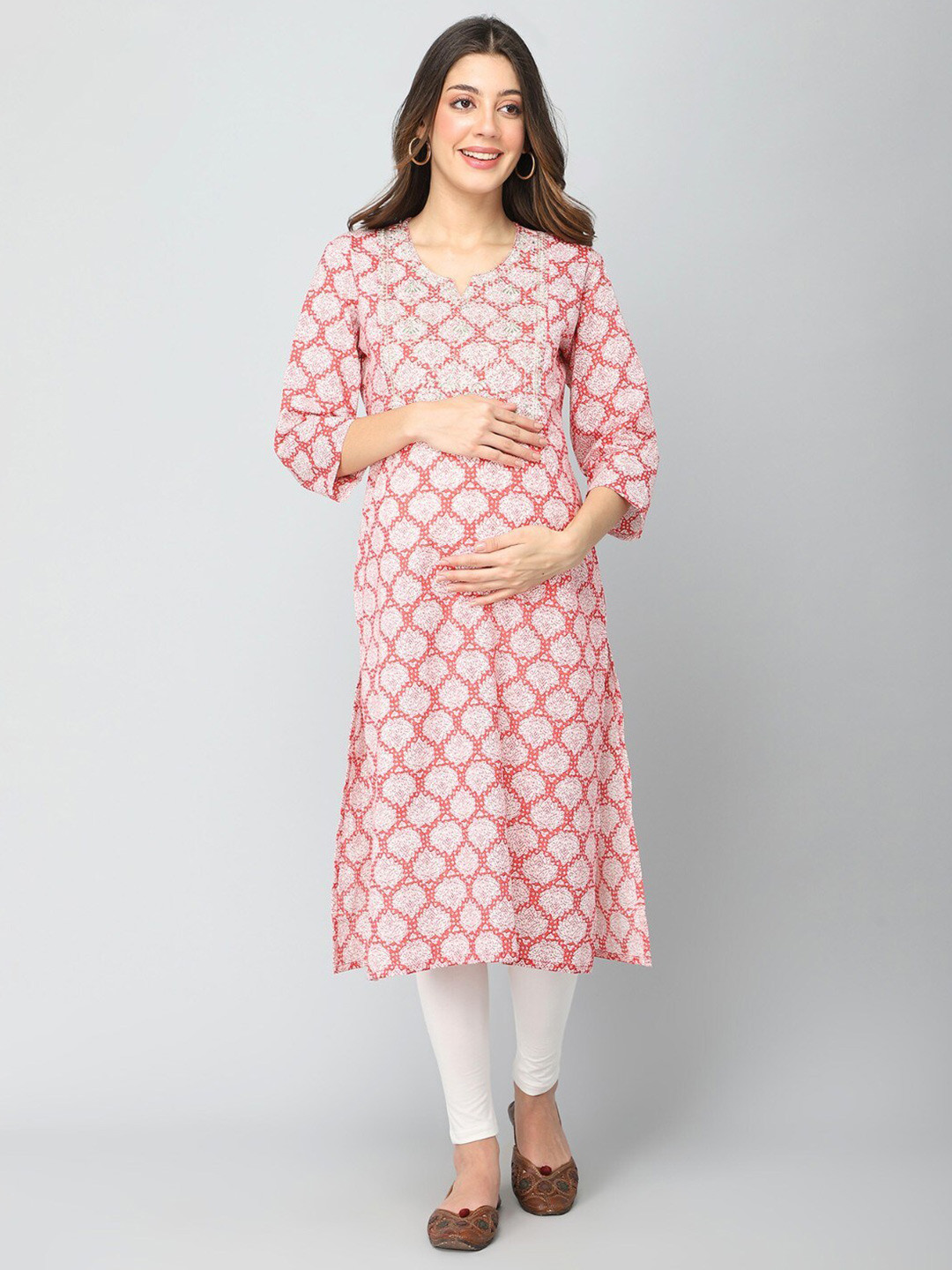 

House Of Zelena Floral Printed Thread Work Pure Cotton Maternity Kurta, Red
