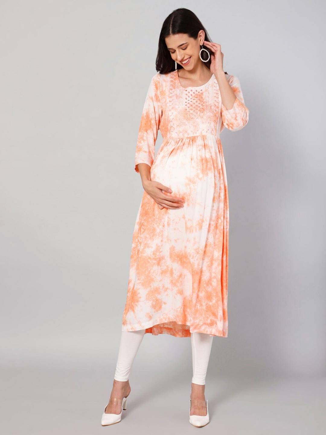

House Of Zelena Tie And Dye Mirror Work Cotton Maternity A-Line Kurta, Pink