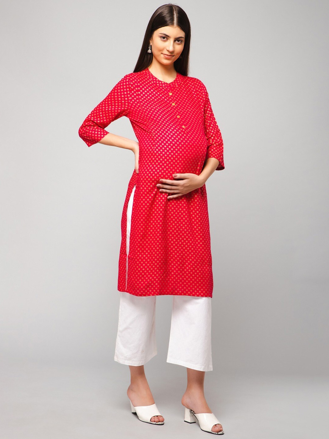 

House Of Zelena Ethnic Motifs Printed Mandarin Collar Cotton Maternity Kurta, Pink